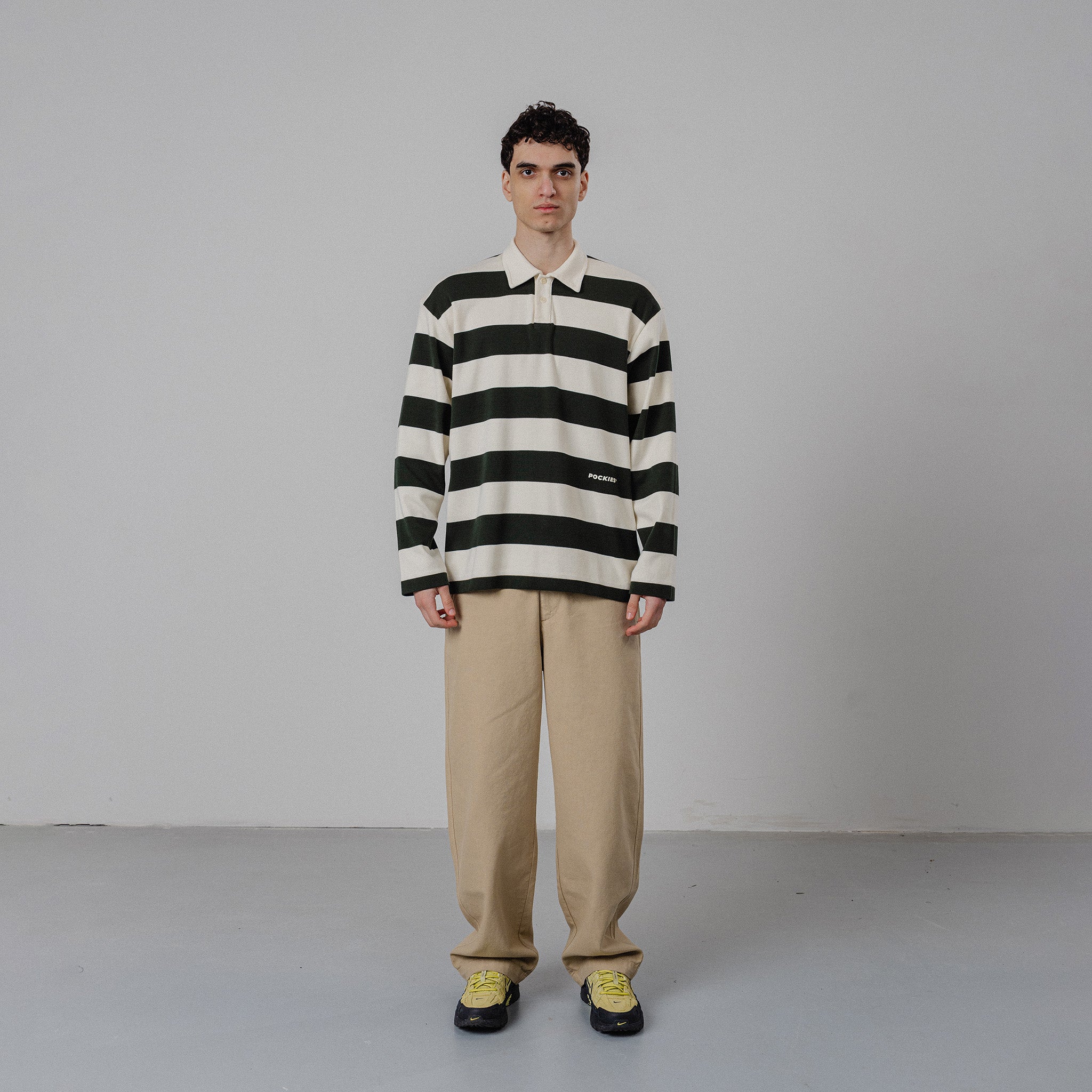 Striped LS Polo - Forest Green/OW