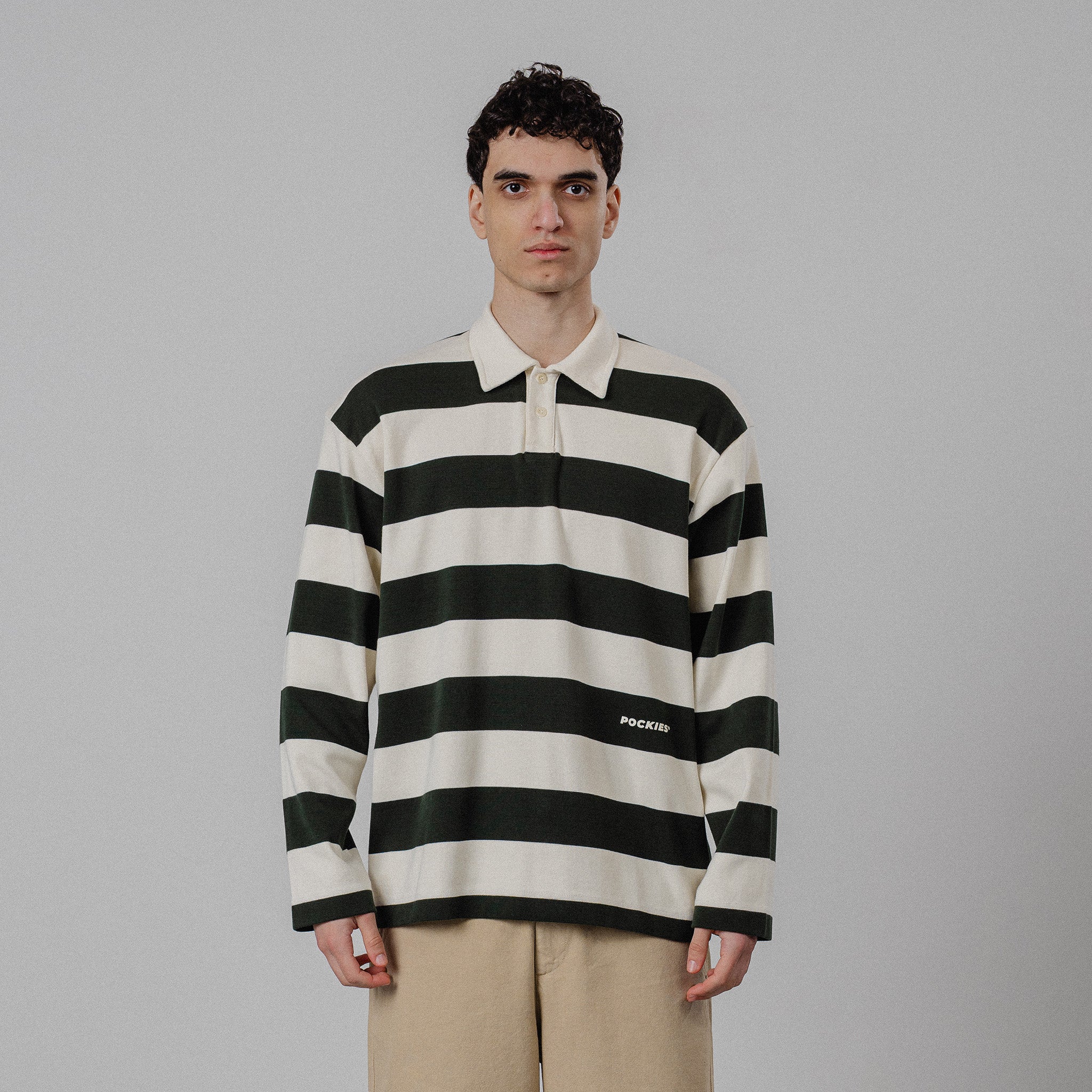 Striped LS Polo - Forest Green/OW
