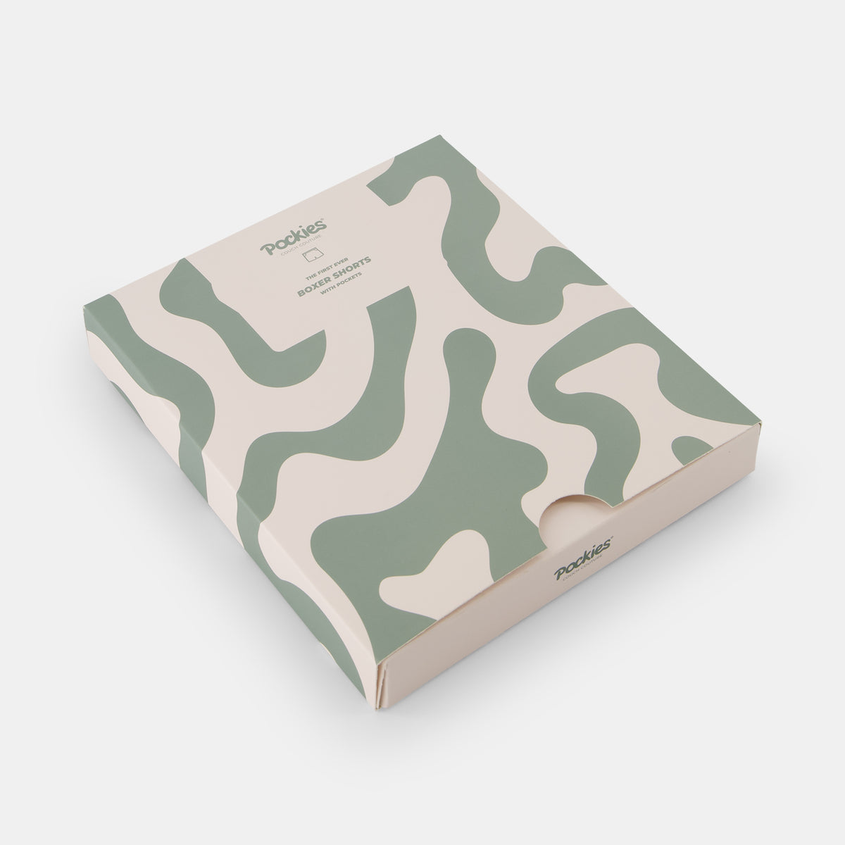 Green Swirls boxer shorts by Pockies in packaging