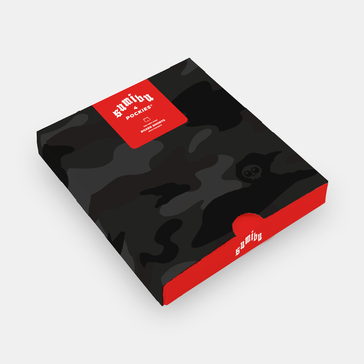 Sumibu x Pockies boxer shorts in black camo, in packaging